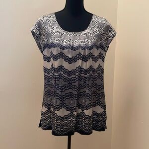 CAbi 100% Silk, short sleeve blouse, navy, XL